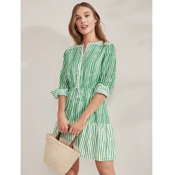 LOFT Striped Tab Sleeve Button Flounce Dress - Picture 1 of 11